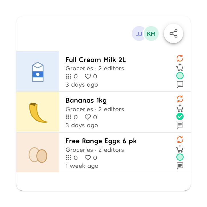 SmartBiii shopping list with items and a share button