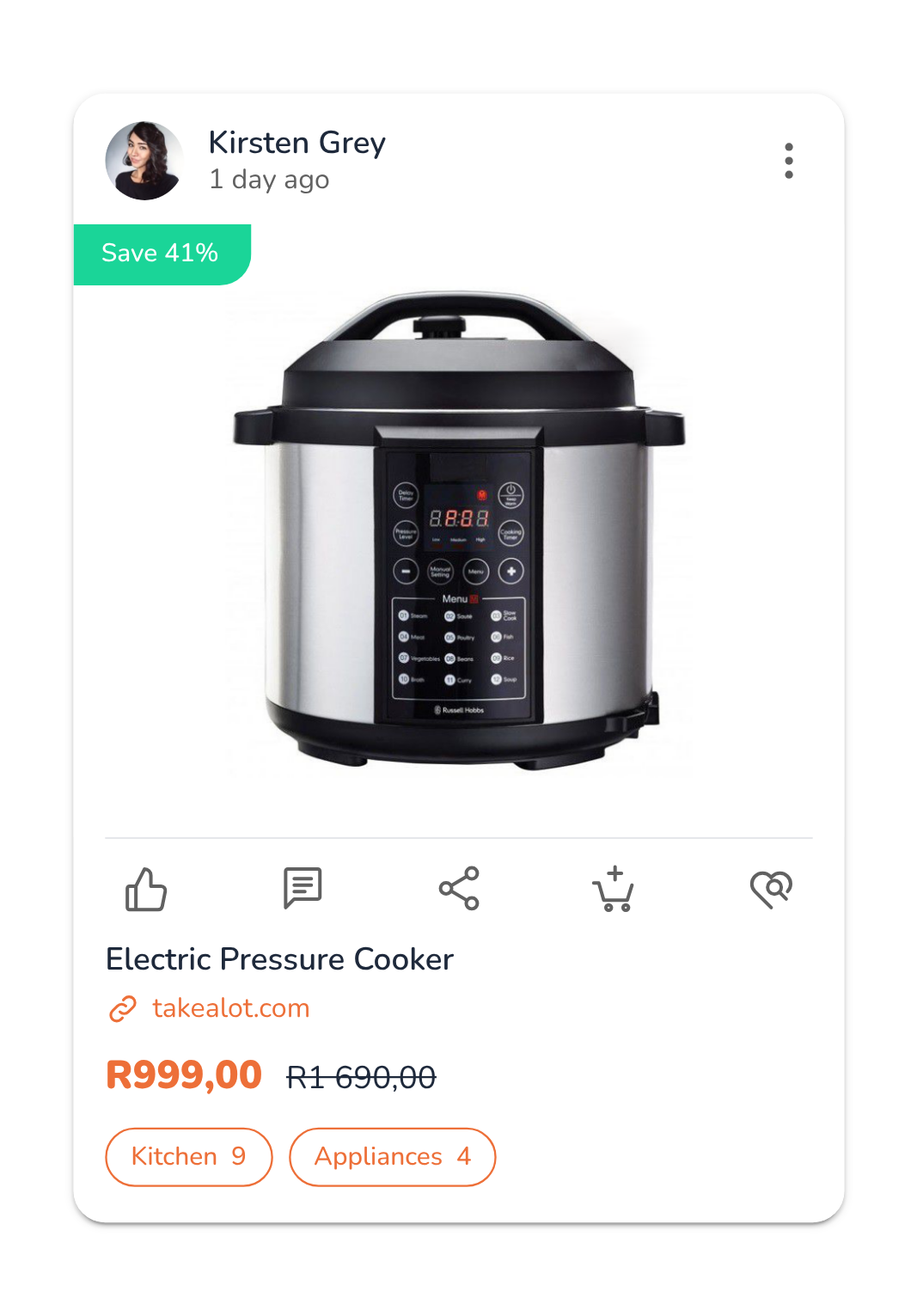Deal card showing a discounted product, price and saving