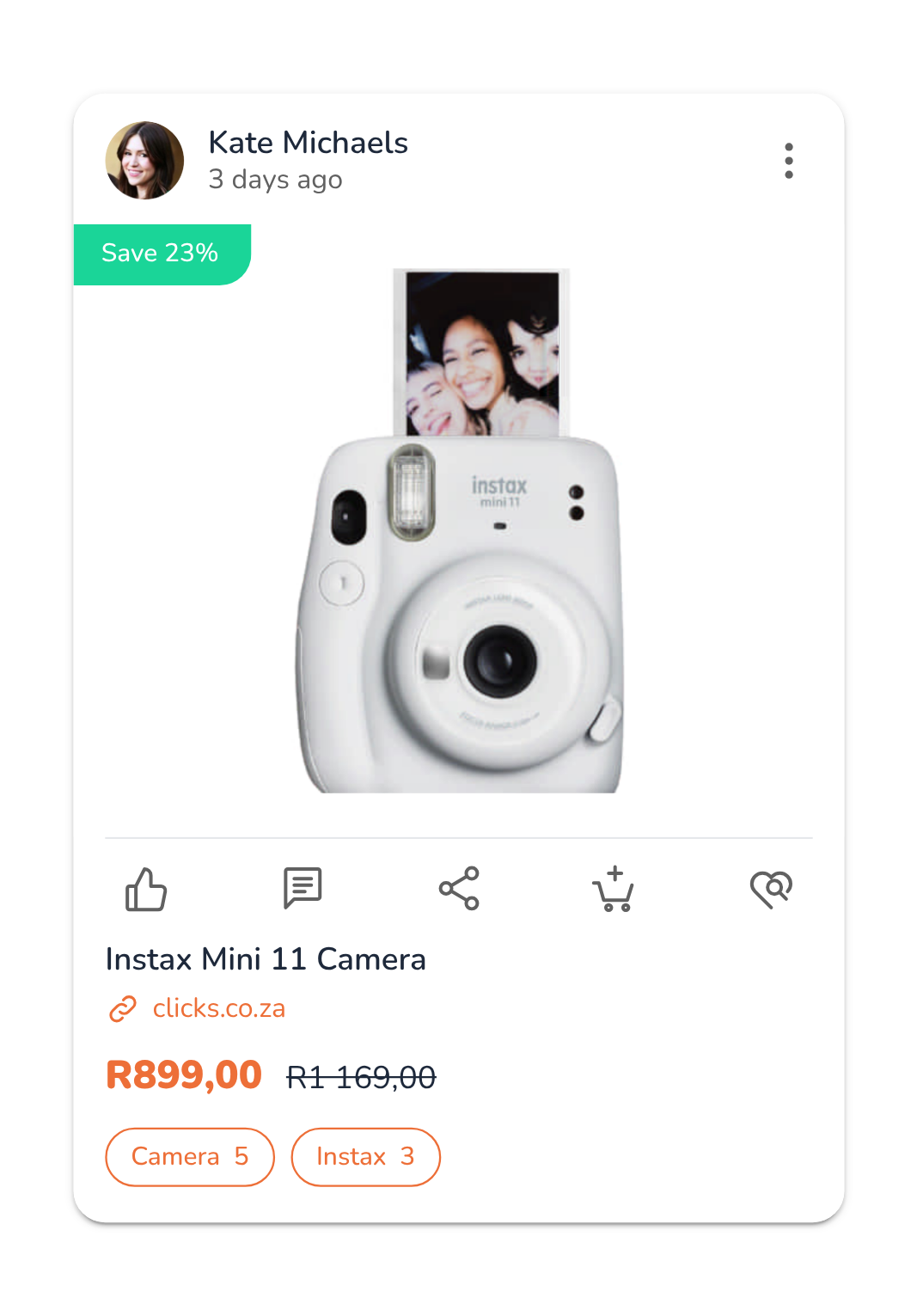 Deal card showing a discounted product, price and saving