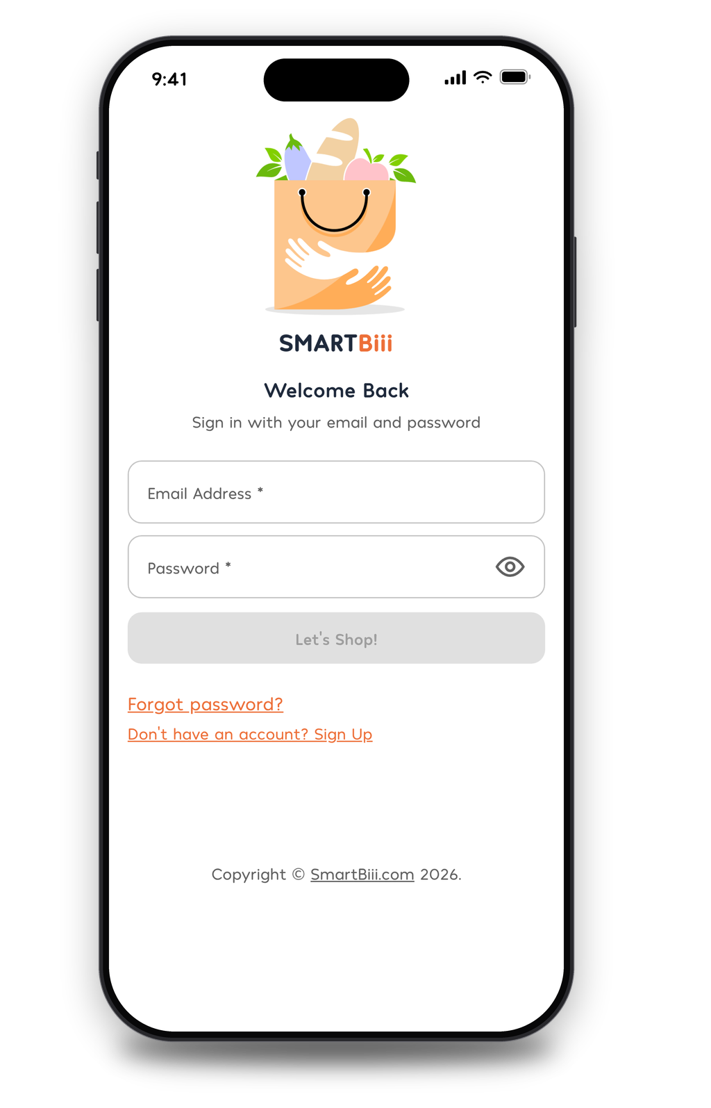 SmartBiii sign-in screen on a phone